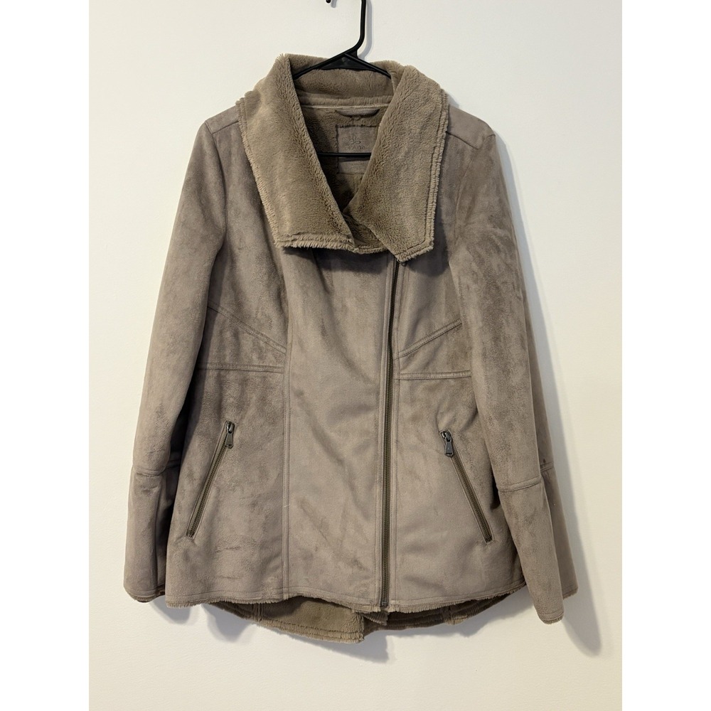 prAna Lilith Faux Shearling Jacket Women's M Taupe Asymmetrical Zip Coat